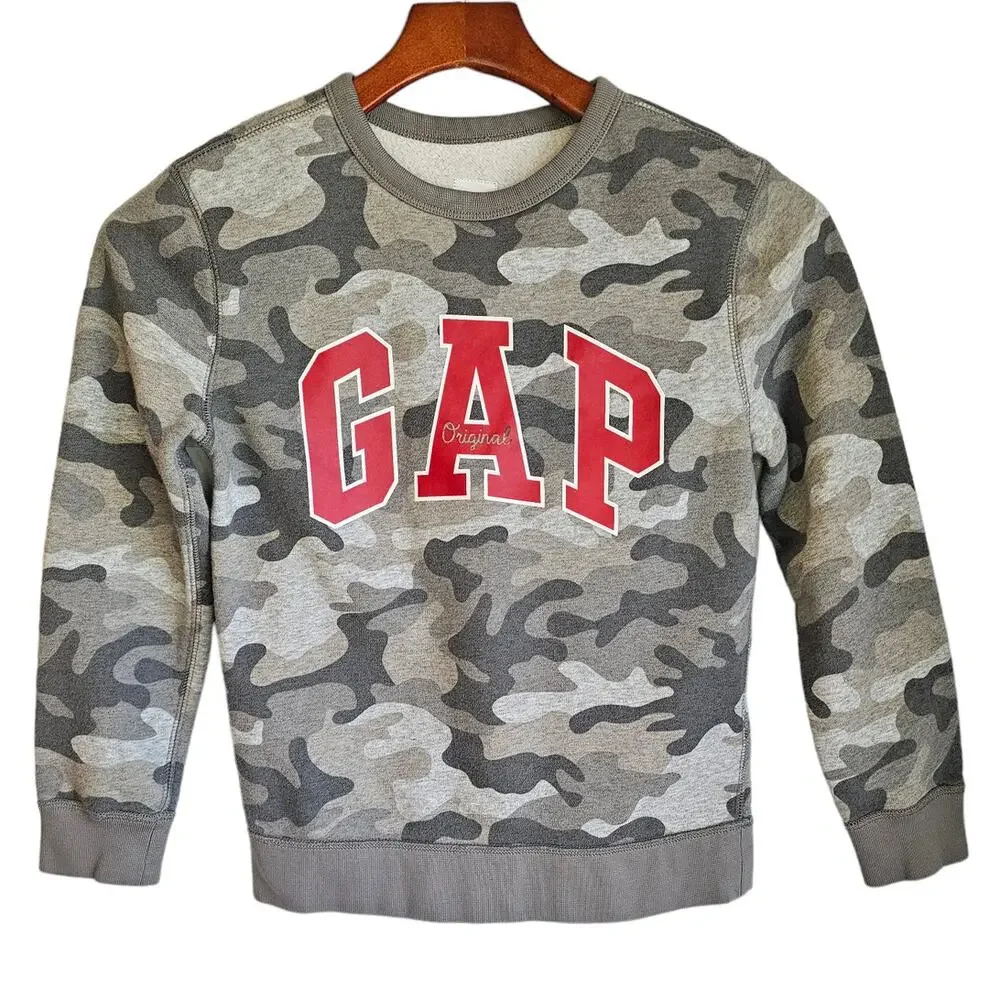 Gap Kids Boys Gray Camouflage Crew Neck Kidcore Sweatshirt with Logo